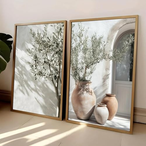 2er-Set Neutral Olivenbaum Schattenvase Leinwanddruck Poster Retro Botanische Landschaft Kunstdruck Wohnkultur Kunst Poster Geschenke 50x70cmx2 Rahmenlos