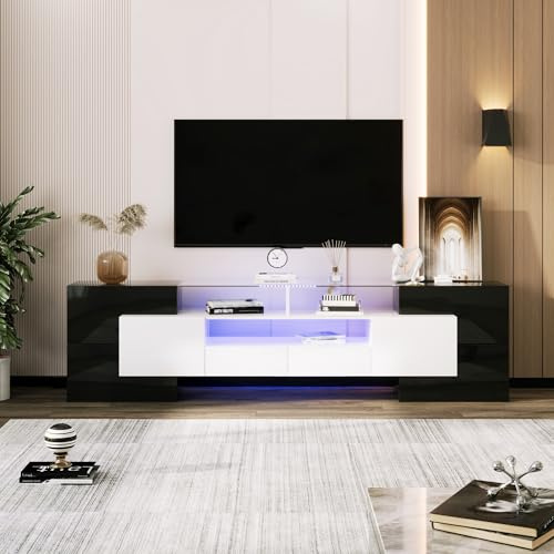 Jaxenor Meuble TV brillant de 200 cm avec 6 portes et 2 tiroirs, meuble TV avec espace de rangement, meuble TV moderne avec éclairage LED, surface en verre élégante, noir et blanc