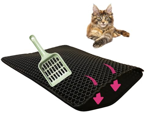 Tapis de litière chat et pelle｜60x40 cm antidérapant avec alvéoles nid d'abeille double couche, protège sol imperméable et lavable, retient grains, récupérateur ramasse-litière résistant