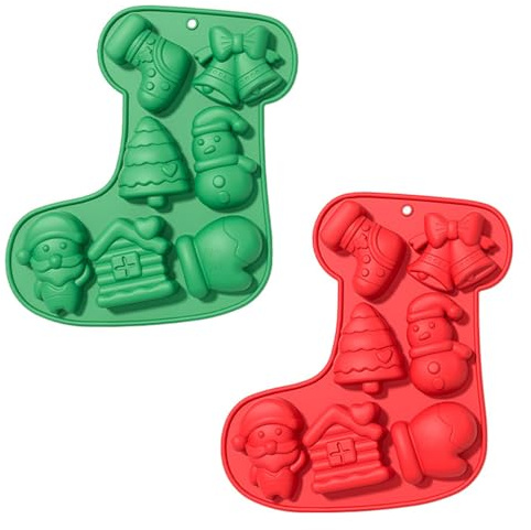 2Pcs Christmas Silicone Chocolate Moulds, 7-Cavity Candy Baking Molds, Father Christmas Tree Jelly Molds, Non-Stick Silicone Mould for Muffins, Fondant, Jelly, Cake Decoration