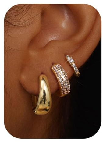 3Paires Boucles d'Oreilles Femme Creoles Or/Argent Femme Creoles, Femme Hypoallergénique Creole Plaqué Or 14K Boucles d'Oreilles Créoles en diamant