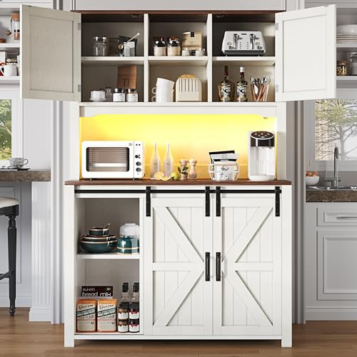 Armoire de cuisine haute avec plan de travail - 115 x 40 x 174,7 cm - Buffet avec portes coulissantes, tiroirs et étagères ouvertes - Armoire de rangement de cuisine (A-blanc, 115 × 40 × 174,7 cm)