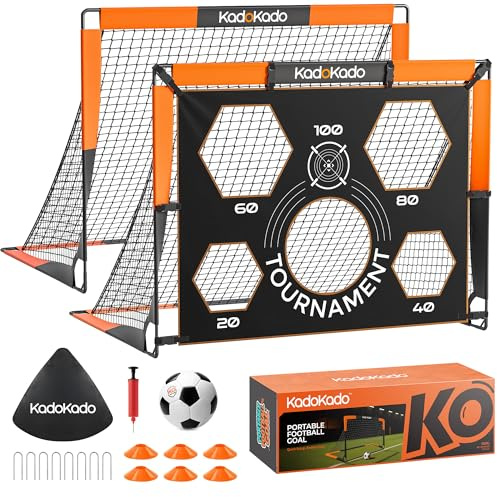 KadoKado Fotbollsmålset för barn 1,2 x 0,9 m – vikbart fotbollsnät med storlek 3 fotboll, målduk, koner och pump, för åldrarna 4-10 trädgårds- och utomhuslek – 2-pack G210DP