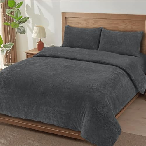 MH Traders Soft Teddy Fleece Duvet Cover Breathable, Comfortable & Durable Bedding Cover Cosy, Easy-Care Terry Duvet Cover for Everyday Use (Charcoal, Double)