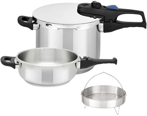 ELO Schnellkochtopf Praktika XL Set 5tlg. 22cm, 6 l, Edelstahl 18/10 | automatisches Druckregelsystem, schonendes Garen, starker ELO-Therm Speicherboden, mit Sicherheitsmechanismus