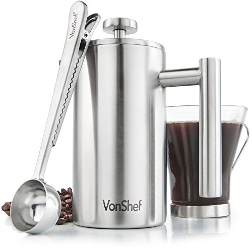 VonShef 3 Cup Cafetiere, Stainless Steel 350ml Double Walled French Press with Measuring Spoon/Bag Seal, Dishwasher Safe Filter Coffee Maker with Plunger