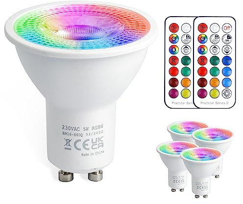 VARICART GU10 LED RGB und Kaltweiss 12 Farbig Dimmbar mit Fernbedienung | 5W 450 Lumen, 50 Watt Gleichw. Warmweiss & RGB LED Lampen Bunt, GU 10 LED Spot Leuchtmittel 230V mit Memory, 4 Stück