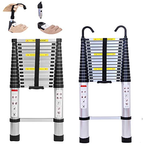 20.34ft 6.2M Multi-Purpose Telescopic Ladder with Hooks Detachable 330lb Max Load Extendable Extension Climb Ladders Aluminium for Outdoor Indoor Roof Work DIY Home Office Black Long Straight Ladder