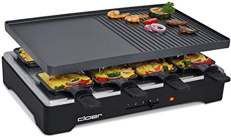 Cloer 6446 Griglia per Raclette Alluminio Pressofuso-piastra utilizzabile su entrambi i lati, 1200 W, padelline con rivestimento antiaderente, nero