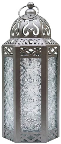 VELA LANTERNS 26,7 cm marokkanische Kerzenlaterne, dekorative Kerzenhalter-Lampe für Tisch oder zum Aufhängen, Ramadan-Dekorationen, Innendekoration, Außenterrasse oder Veranda, silberfarbenes Metall