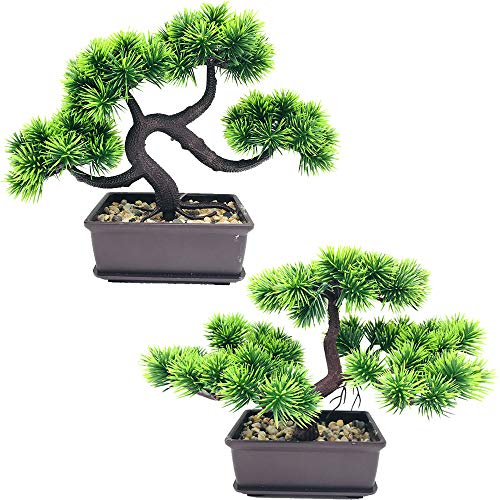 Fycooler Pini bonsai artificiali Alberi falsi delle piante in vaso Bonsai di cedro giapponese, verde artificiale Decorazioni per la casa da interno desktop, ufficio, soggiorno, cortile Zen Garden-2Pcs