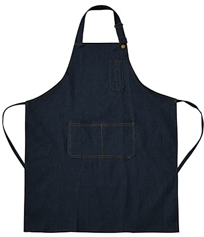 Tosewever Denim Apron with Pockets for Men Women Chef Kitchen BBQ Restaurant Grill Adjustable Neck Strap Long Ties Suitable M to XXL Tool Aprons (Dark Blue)