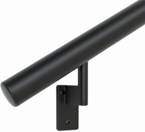 Promenaid Satin Black 15ft Flush Handrail Kit - Indoor/Outdoor Stair Handrail - Modern 1.6 Round Satin-Anodized Aluminum Railing with 5 Satin Black Painted Pivoting Wall Brackets & Flush Endcaps