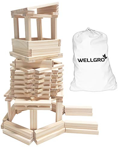 WELLGRO Natur Holzbausteine - Holzsteine zum Bauen - naturfarbene Bauklötze inkl. Aufbewahrungsbeutel- Holzbaukasten - Bausteine Holz - Menge wählbar, Stückzahl:250 Stück
