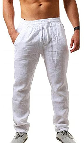 Sprifloral herr linne vardagsbyxor dragsko lätt sommar strandbyxa, Vitt, XL