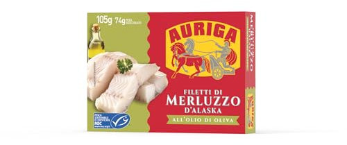 Auriga Filetti di merluzzo d'Alaska all'olio di oliva 105gr. Già puliti e cotti, sono pronti all’uso.