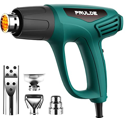 PRULDE Heat Gun, 1500W Dual Temperature Settings 572°F~1112°F Fast Heating Hot Air Gun with 6.5Ft Power Cord/4 Nozzles/Overload Protection for Crafts, Shrink Wrapping/Tubing, Paint Removing(N2190)