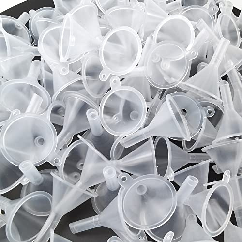 GXXMEI Confezione da 120 mini imbuto in plastica trasparente, piccolo imbuto per bottiglie da laboratorio, capsula, arte della sabbia, oli essenziali, profumi, spezie, polvere