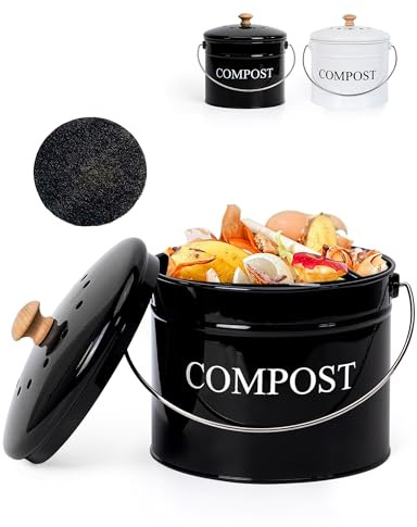 Compost Bin - 1 Gallon Countertop Composter with Lid and Charcoal Filters, Rust Proof Indoor Bucket for Kitchen Food Waste