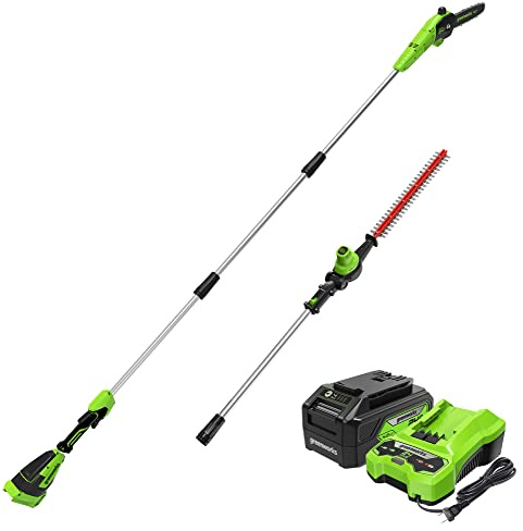 Greenworks 24V Brushless 10 Cordless Polesaw + Pole Hedge Trimmer Combo (Great For Pruning and Trimming Branches / Shrubs), 4.0Ah Battery and Charger Included