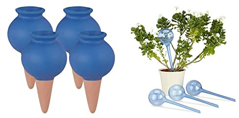 Relaxdays Tonspitzen Bewässerung, 4er Set, blau, 12 x 6 x 6 cm & Bewässerungskugeln, 4er Set, Dosierte Bewässerung, 2 Wochen, Versenkbar, Deko, Topfpflanzen, Kunststoff, Blau