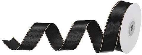 sourcing map 2.5cm 23m Breit Satinschleife mit Gold Ränder Bordüre Ripsband Stoff Schleife für Geschenkpapier Hochzeit Blumenstrauß Schwarz