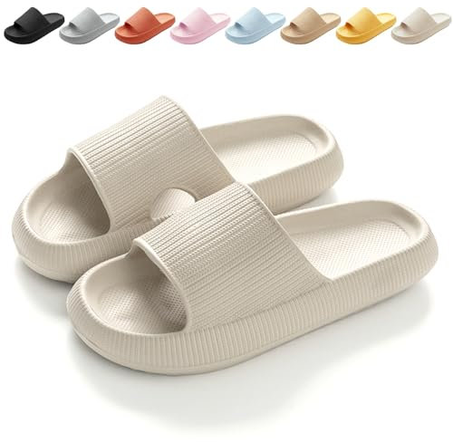 BHFRGAS Sliders Cloud Slippers Women Men，Non-Slip Mens Womens Slippers Cloud Sliders，Soft Flip Flops with Thick Sole for Shower Bathroom Pool Beach，Beige, 5-5.5 UK