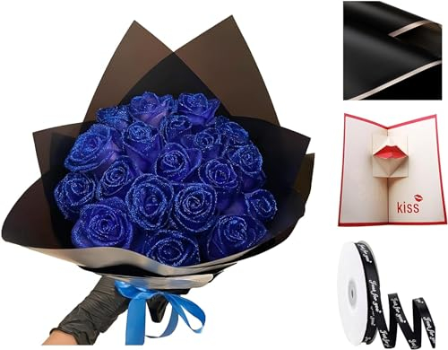 Eeiiey Ramo de rosas artificiales purpurina (autoensamblaje), brillantes eternas para regalo San Valentín, aniversario, compromiso (azul, 12