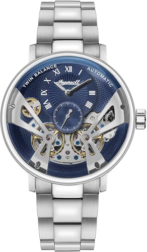 Ingersoll The Tennessee 45 mm Automatic Herrenuhr mit blauem Zifferblatt und silberfarbenem Edelstahlarmband