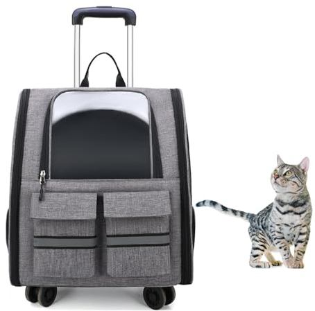 PJDDP Hunderucksack Mit Trolley, Hunderucksack Mit Rollen Für Transport,Katzenrucksack Große Katzen,Leichte Katzenrucksack Mit Speziellem Hundefach, 2 in 1 Katzenrucksack Mit Fenster,Grau