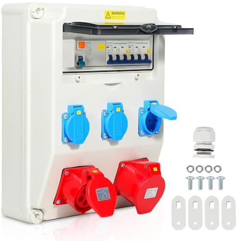 Izrielar Wandverteiler mit Leitungsschutzschalter, 5 Polig Baustromverteiler mit 3xSchuko-Steckdose und CEE-Steckdose 16/32A Stromverteiler für Innen und Außen