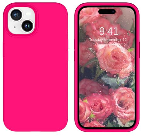 DOMAVER Cover in silicone per iPhone 15 Plus antiurto liquida sottile iPhone 15+ custodia morbida fodera in microfibra, custodia per telefono iPhone 15 Plus, rosa fluorescente