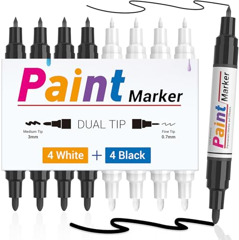 Permanent Marker 8pcs- 4 Weiß 4 Schwarz Dual Tip Wasserfester Stift Paint Marker Schnell Trocknender Wasserfeste Permanentmarker zum Steine Bemalen für Glass Holz, Metall, Keramik Tassen,Lackmarker