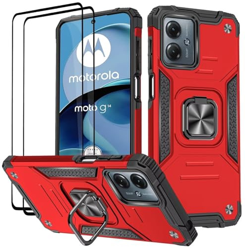 KANSi Funda para Motorola Moto G14, Cristal Vidrio Templado [2 Piezas] Capa Anillo iman Soporte Hard PC y Silicona TPU Antigolpes Armor Carcasa - Rojo