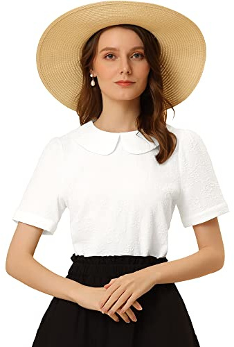 Allegra K Sommarblus, bubikrage, topp, blommig, puff, kortärmad, Kawaii, elegant skjorta, Vit, 3XL