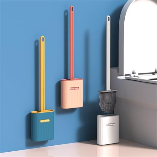 Brosse de toilette en silicone, brosse de nettoyage de salle de bain avec support, manche long antidérapant et poils flexibles, ensemble avec supports de fixation murale, kit de brosse de nettoyage de