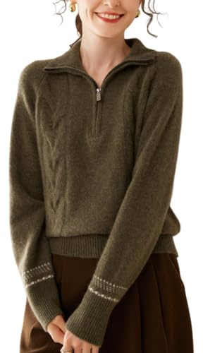DISSA Women Cashmere Half-Zip Cable Knit Jumper,Green,14