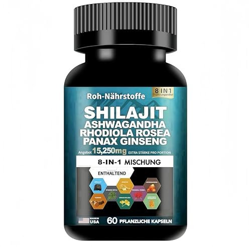 Shilajit Pure Himalayan 9000MG – 8-in-1 Kraftformel mit Rhodiola Rosea 1000MG, Ashwagandha 2000MG, Ginseng, Ginkgo Biloba, Kurkuma, Cordyceps und Brennnessel für maximale Energie & Vitalität