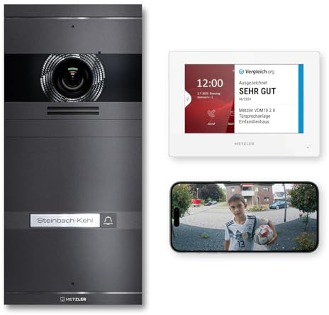 Metzler VDM10 2.0 Video Sprechanlage Komplett Set mit austauschbarem Namensschild - LAN/POE - Türsprechanlage mit HD-Kamera und Bildschirm für 1 Familienhaus, in Eisenglimmer aus V2A Edelstahl