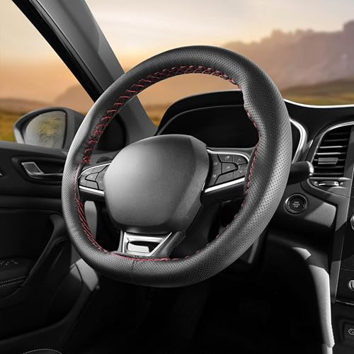 100% Qualität Auto Lenkradbezug zum Schnüren Nähen 37-39 cm Lenkradhülle Lenkradschoner Leder Perforiert Schwarz (Mit Rotes Faden)