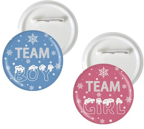 10 Pcs Snowflake Gender Reveal Button Pins, Winter Team Boy Team Girl Badge Pins, Christmas Boy or Girl Stain Brooch Button for Winter Wonderland Baby Shower Party Decorations