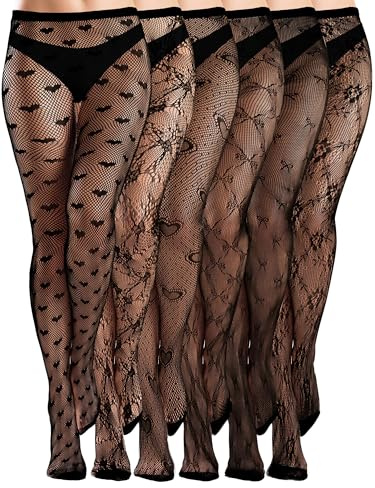Ramede 6 Pairs Women Fishnet Thigh High Stockings Waist Tights Bow Patterned lace Fishnet Leggings Pantyhose for Halloween(Black,XL,Love)
