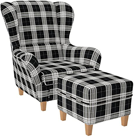 Supellex Sofia Ohrensessel mit Hocker | Design Oxford kariert