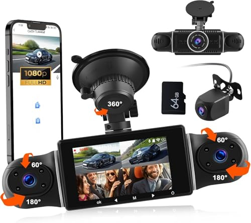 CAMECHO 4 Channel Dash Cam 360° Full Coverage, Front and Rear Dash Camera with 3 IPS Screen, WiFi&App，1080P Dash Cams for Cars, 24H Parking Mode, G-Sensor, Night Vision, Includes 64GB Card