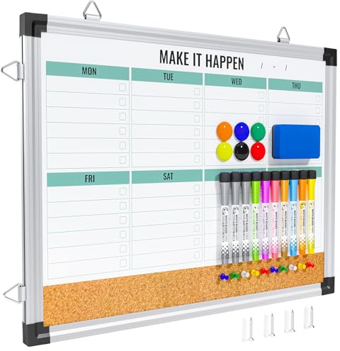 Marsrock veckokalender, whiteboard och korkbräda, kombo för vägg, 43 x 33 cm vändbar hängande torr raderings bräda, dubbelsidig vit bräda med aluminiumram för planering, kontor, kök, skola, hem