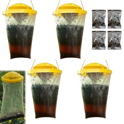 4 Pack Fly Trap Bags, Fly Trap Outdoor, Fly Catcher Outdoor, Hanging Fly Catcher, Garden Fly Trap, Garden Fly Catcher, High-Capacity Disposable Fly Killer Bag for House, Garden, Horse Barn And Home