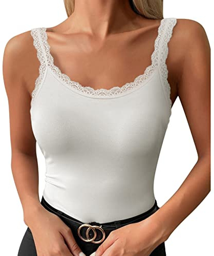 Camisola en Encaje de algodón Mujer Camiseta de Tirantes Algodón Mujer Camisola para Mujer Top Lencera Camiseta para Mujer Camiseta sin Mangas Mujer Color Sólido Camisola de Cuello Redondo