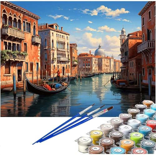 Malen nach Zahlen Erwachsene Boot Malen nach Zahlen Venedig Ölgemälde Kit, DIY Paint by Numbers Groß XXL Leinwand Kinder Kreativ Set mit Pinseln Acrylfarbe, Geschenke für Frauen 50x70 cm LE-926