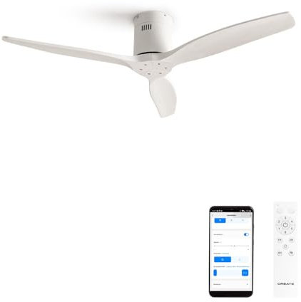CREATE / WINDCALM NATURAL WOOD M/Ventilador de techo blanco con Wifi y mando / 40W, Temporizador, Ø132 cm, 6 velocidades, silencioso, función verano-invierno