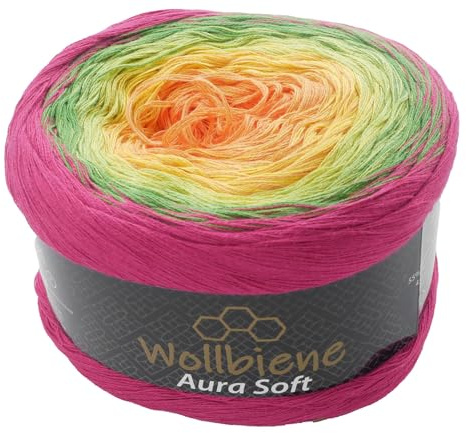 Wollbiene Aura Soft Farbverlaufsgarn 250g - 1000m - 4 Fädig gefacht Bobbel Strickwolle Häkeln Bobbel Wolle Farbverlauf, Strickwolle Mehrfarbig (711 pink grün gelb)